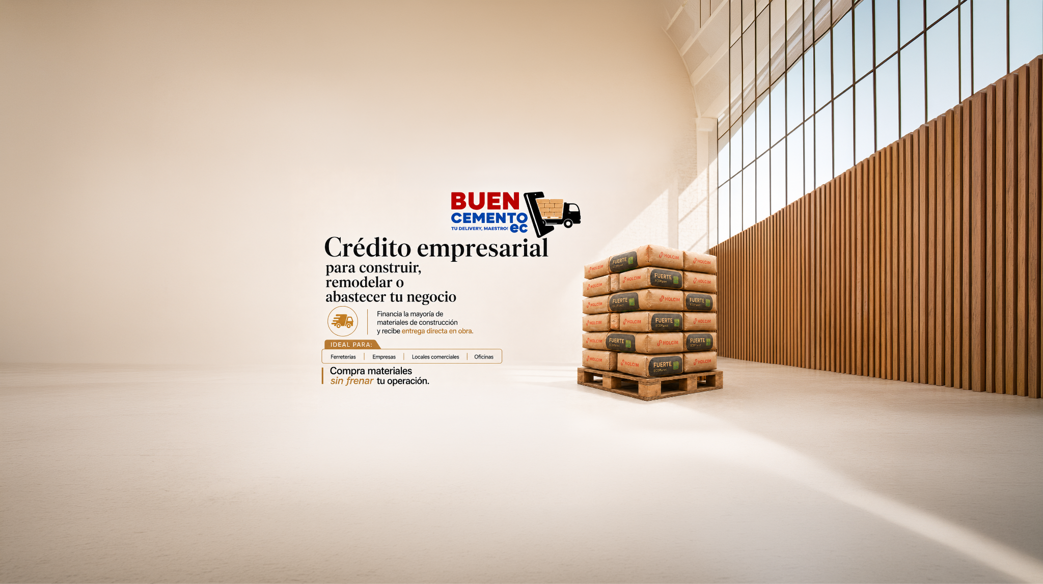Pallets de cemento almacenados en bodega con respaldo de crédito comercial